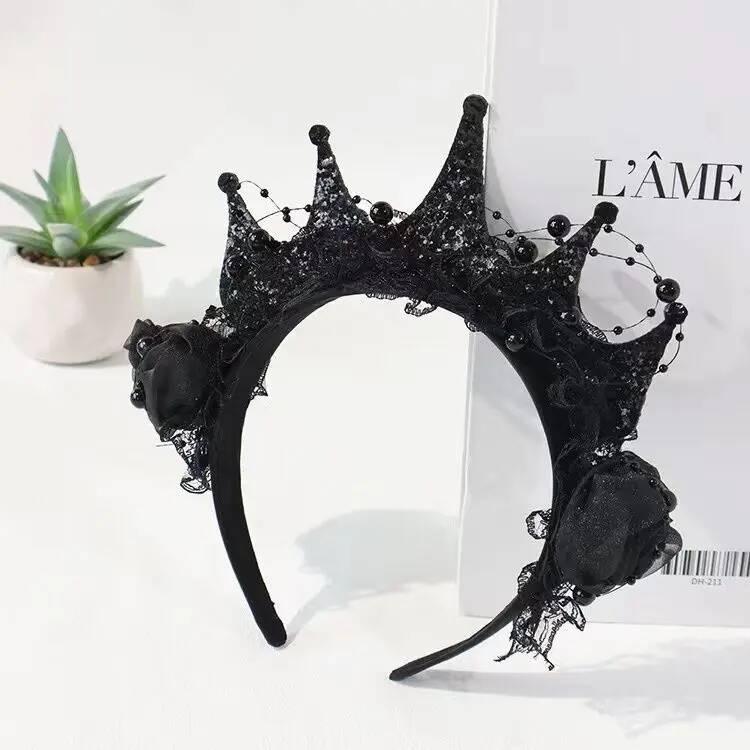 블랙 로즈 레이스 크라운 헤어밴드 할로윈 다크 헤어 액 - Queen Accessories 리뷰 및 가격